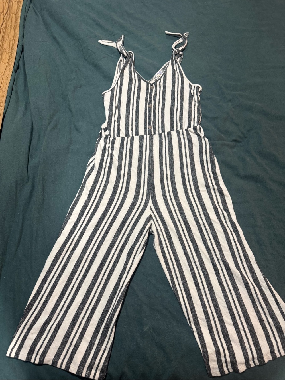 Striped Tie-Shoulder Wide-Leg Jumpsuit capri length- Black & White